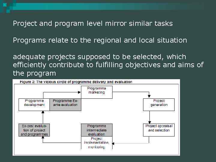 Project and program level mirror similar tasks Programs relate to the regional and local