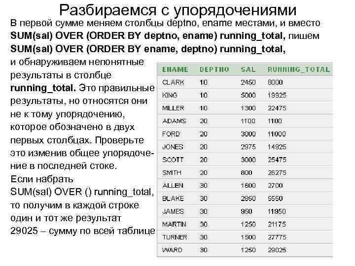 Разбираемся с упорядочениями В первой сумме меняем столбцы deptno, ename местами, и вместо SUM(sal)
