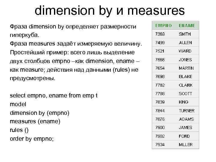 dimension by и measures Фраза dimension by определяет размерности гиперкуба. Фраза measures задаёт измеряемую