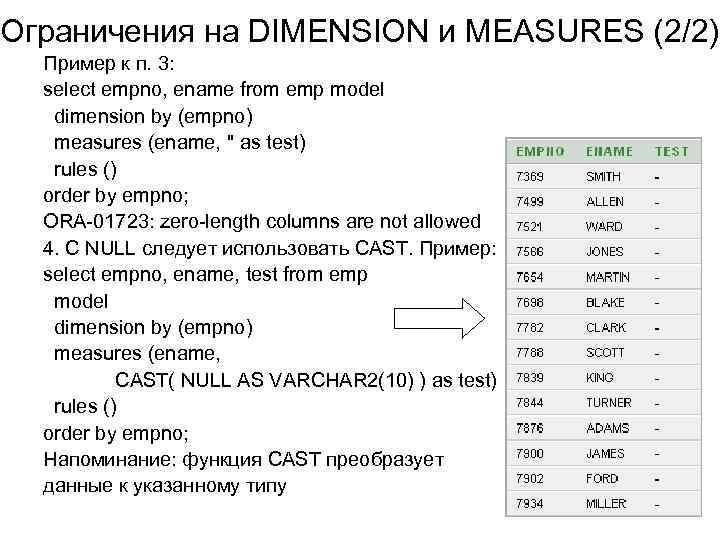 Ограничения на DIMENSION и MEASURES (2/2) Пример к п. 3: select empno, ename from