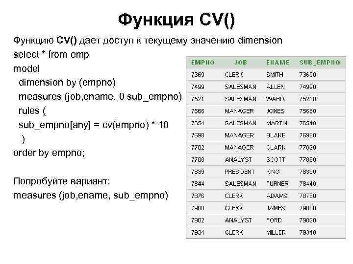 Функция CV() Функцию CV() дает доступ к текущему значению dimension select * from emp