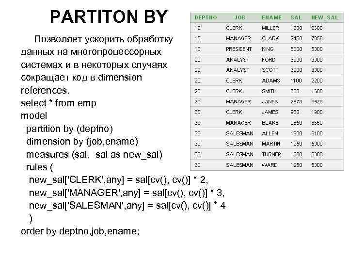 PARTITON BY Позволяет ускорить обработку данных на многопроцессорных системах и в некоторых случаях сокращает