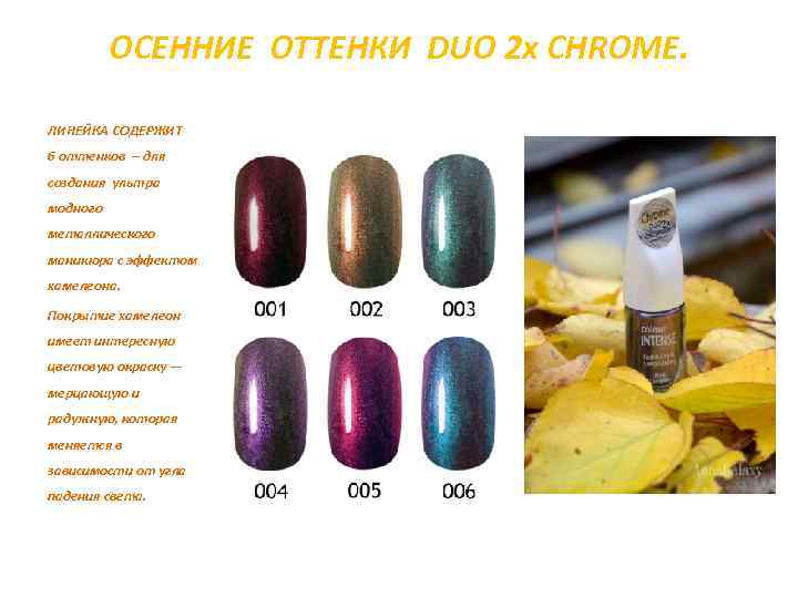 ОСЕННИЕ ОТТЕНКИ DUO 2 х СHROME. ЛИНЕЙКА СОДЕРЖИТ 6 оттенков – для создания ультра
