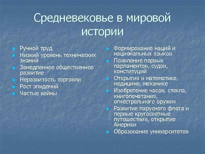 Средневековье в мировой истории n n n Ручной труд Низкий уровень технических знаний Замедленное