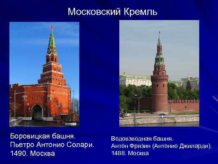Московский Кремль Боровицкая башня. Пьетро Антонио Солари. 1490. Москва Водовзводная башня. Антон Фрязин (Антонио