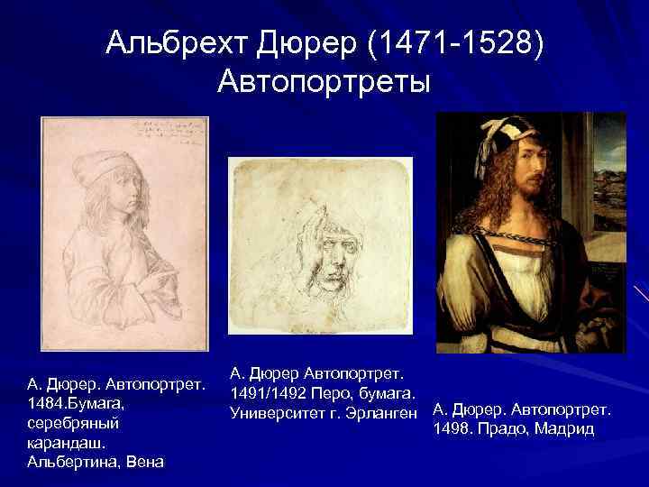 Альбрехт Дюрер (1471 -1528) Автопортреты А. Дюрер. Автопортрет. 1484. Бумага, серебряный карандаш. Альбертина, Вена