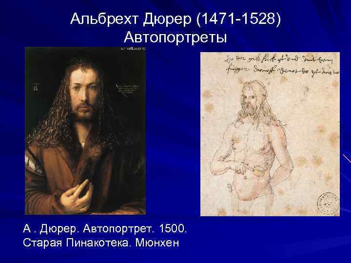 Альбрехт Дюрер (1471 -1528) Автопортреты А. Дюрер. Автопортрет. 1500. Старая Пинакотека. Мюнхен 