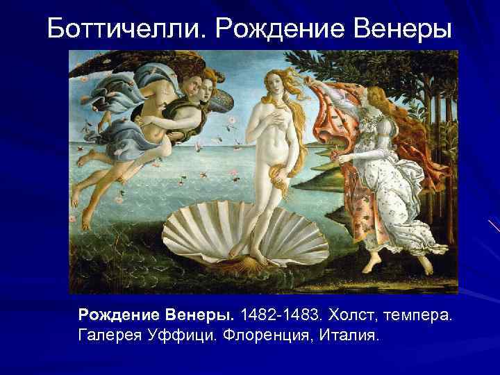 Боттичелли. Рождение Венеры. 1482 -1483. Холст, темпера. Галерея Уффици. Флоренция, Италия. 