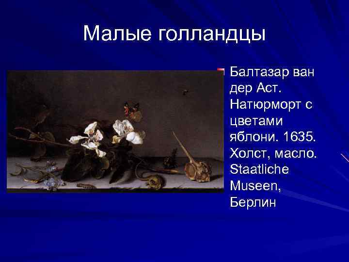 Малые голландцы Балтазар ван дер Аст. Натюрморт с цветами яблони. 1635. Холст, масло. Staatliche