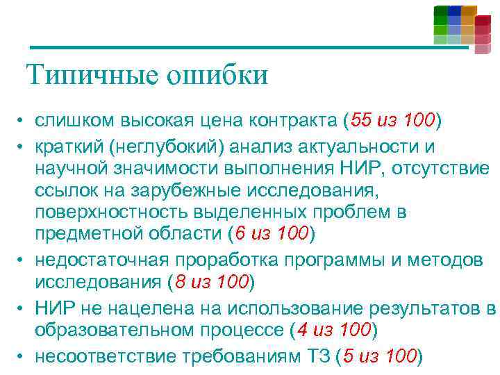 Типичные ошибки • cлишком высокая цена контракта (55 из 100) • краткий (неглубокий) анализ