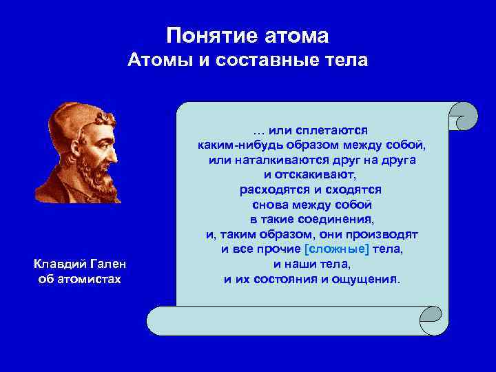 Понятие атома Атомы и составные тела Клавдий Гален об атомистах … или сплетаются каким-нибудь
