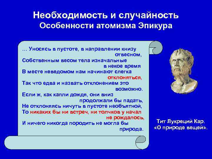 Необходимость и случайность Особенности атомизма Эпикура … Уносясь в пустоте, в направлении книзу отвесном,
