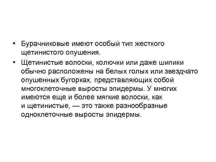  • Бурачниковые имеют особый тип жесткого щетинистого опушения. • Щетинистые волоски, колючки или