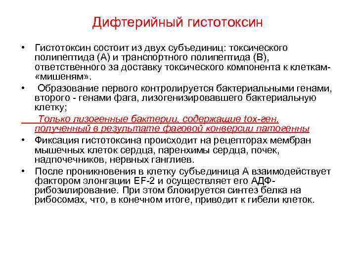 Дифтерийный гистотоксин • Гистотоксин состоит из двух субъединиц: токсического полипептида (А) и транспортного полипептида