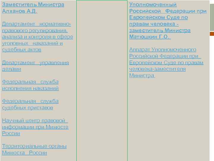 Заместитель Министра Алханов А. Д. Департамент нормативноправового регулирования, анализа и контроля в сфере уголовных