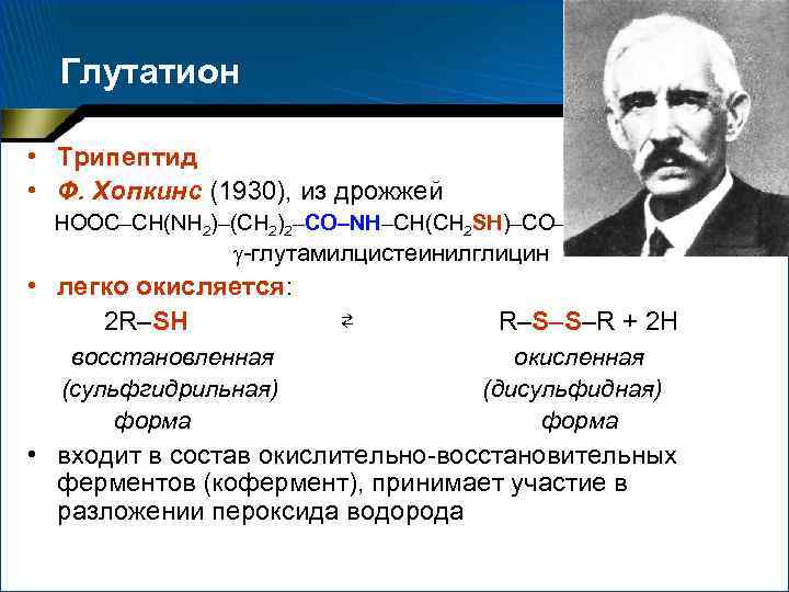 Глутатион • Трипептид • Ф. Хопкинс (1930), из дрожжей НООС–СН(NН 2)–(СН 2)2–СО–NН–СН(СН 2 SН)–СО–NН–СН