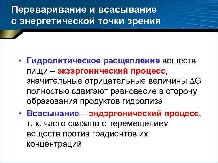 Переваривание и всасывание с энергетической точки зрения • Гидролитическое расщепление веществ пищи – экзэргонический