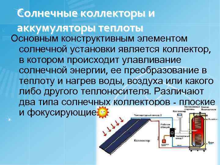 Солнечные коллекторы и аккумуляторы теплоты Основным конструктивным элементом солнечной установки является коллектор, в котором