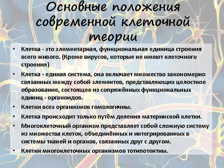 Основные положения современной клеточной теории • Клетка - это элементарная, функциональная единица строения всего