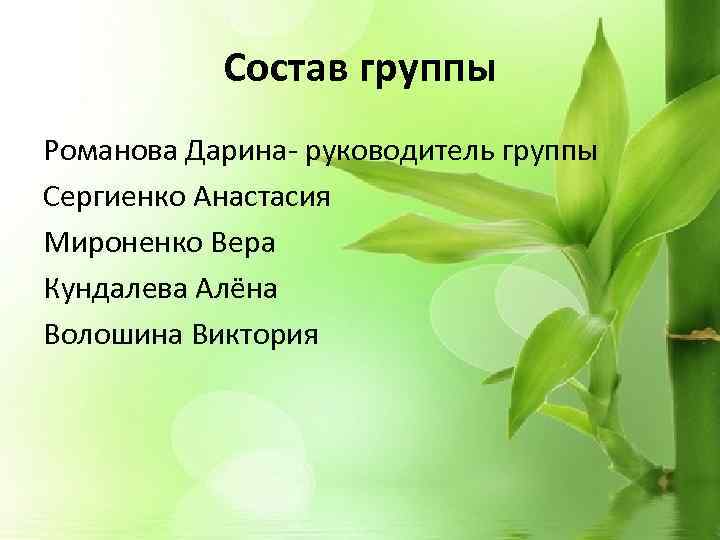 Состав группы Романова Дарина- руководитель группы Сергиенко Анастасия Мироненко Вера Кундалева Алёна Волошина Виктория