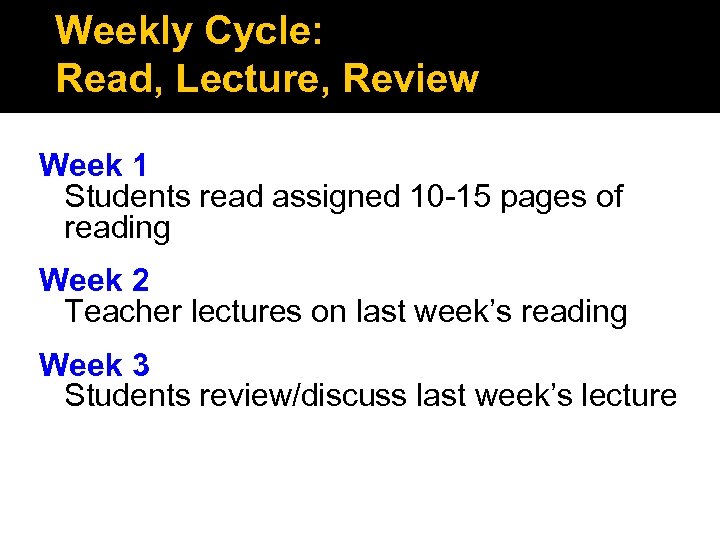 Weekly Cycle: Read, Lecture, Review Week 1 Students read assigned 10 -15 pages of