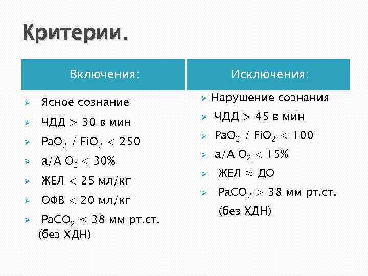 Критерии. Включения: Исключения: Нарушение сознания Ø Ясное сознание Ø Ø ЧДД > 30 в