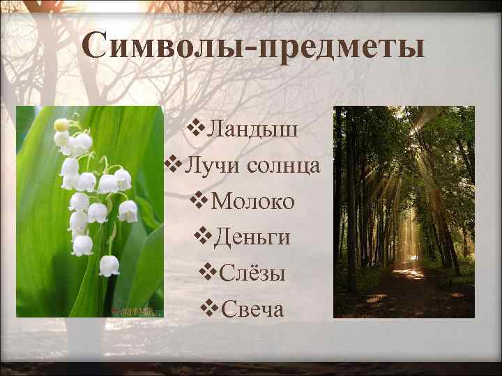 Символы-предметы v. Ландыш v. Лучи солнца v. Молоко v. Деньги v. Слёзы v. Свеча