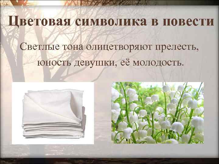 Цветовая символика в повести Светлые тона олицетворяют прелесть, юность девушки, её молодость. 