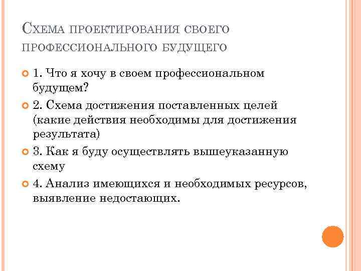 СХЕМА ПРОЕКТИРОВАНИЯ СВОЕГО ПРОФЕССИОНАЛЬНОГО БУДУЩЕГО 1. Что я хочу в своем профессиональном будущем? 2.