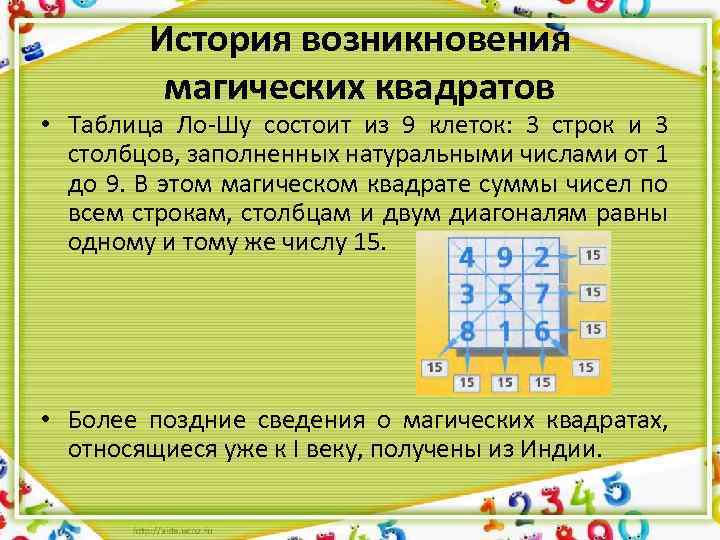 История возникновения магических квадратов • Таблица Ло-Шу состоит из 9 клеток: 3 строк и