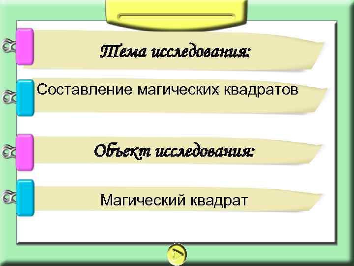 Тема исследования: • Составление магических квадратов Объект исследования: Магический квадрат 