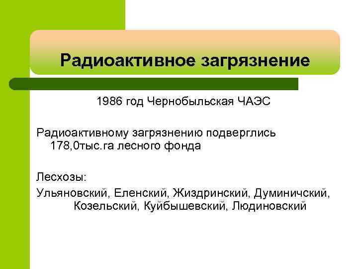 Радиоактивное загрязнение 1986 год Чернобыльская ЧАЭС Радиоактивному загрязнению подверглись 178, 0 тыс. га лесного