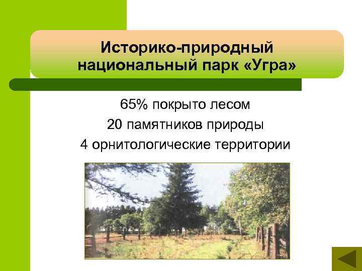 Историко-природный национальный парк «Угра» 65% покрыто лесом 20 памятников природы 4 орнитологические территории 