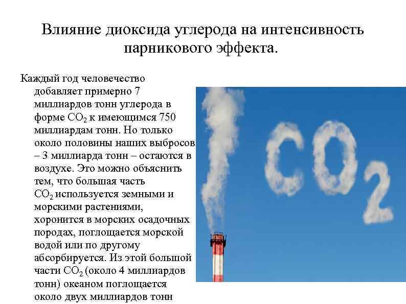 Влияние диоксида углерода на интенсивность парникового эффекта. Каждый год человечество добавляет примерно 7 миллиардов