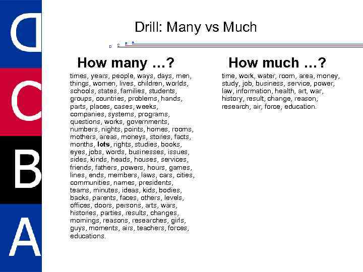 Drill: Many vs Much How many …? times, years, people, ways, days, men, things,