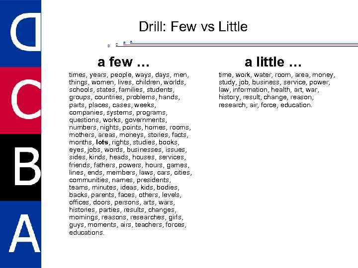 Drill: Few vs Little a few … times, years, people, ways, days, men, things,