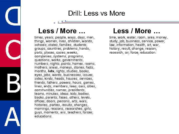 Drill: Less vs More Less / More … times, years, people, ways, days, men,