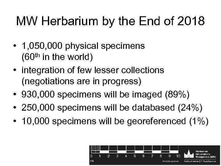 MW Herbarium by the End of 2018 • 1, 050, 000 physical specimens (60