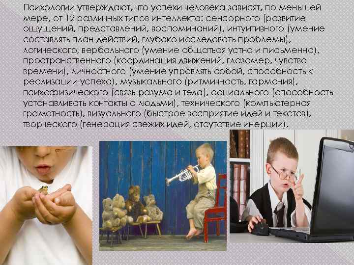 Психологии утверждают, что успехи человека зависят, по меньшей мере, от 12 различных типов интеллекта: