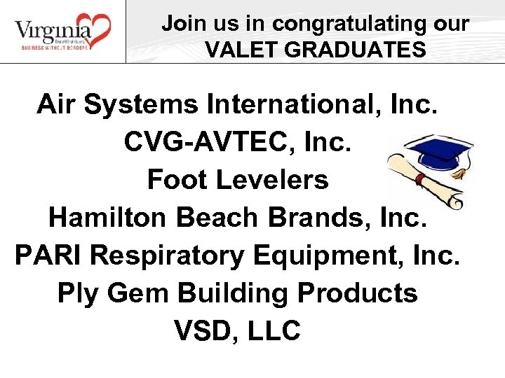 Join us in congratulating our VALET GRADUATES Air Systems International, Inc. CVG-AVTEC, Inc. Foot