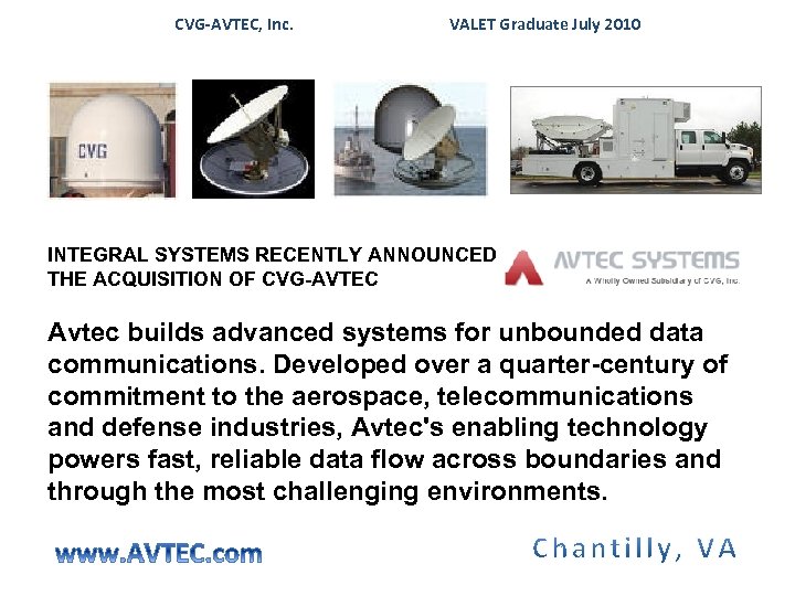  CVG-AVTEC, Inc. VALET Graduate July 2010 INTEGRAL SYSTEMS RECENTLY ANNOUNCED THE ACQUISITION OF