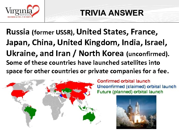 TRIVIA ANSWER Russia (former USSR), United States, France, Japan, China, United Kingdom, India, Israel,