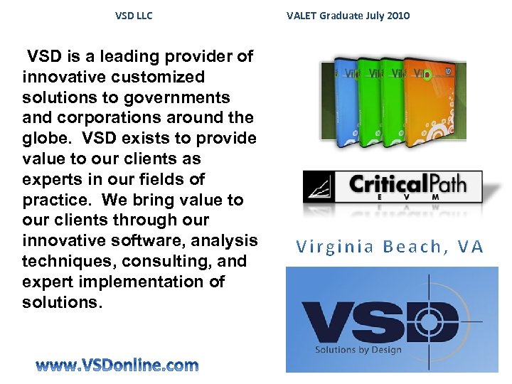  VSD LLC VSD is a leading provider of innovative customized solutions to governments