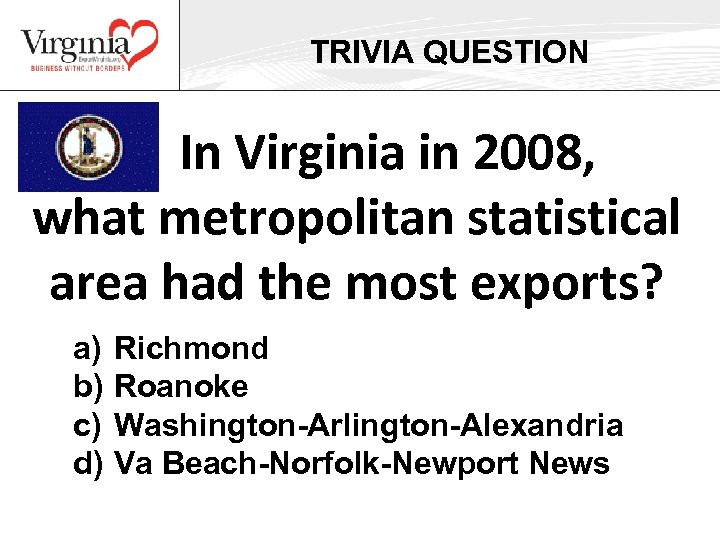 TRIVIA QUESTION In Virginia in 2008, what metropolitan statistical area had the most exports?
