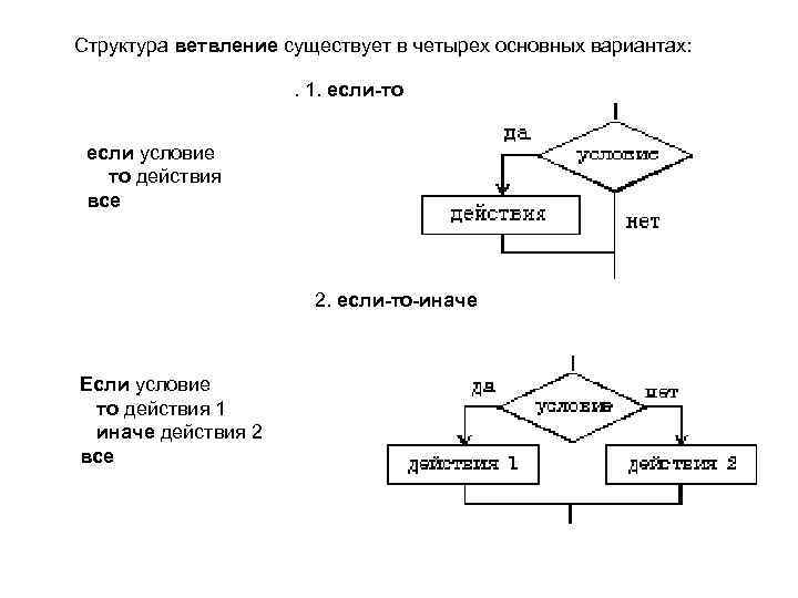 Структура ветвление существует в четырех основных вариантах: . 1. если-то если условие то действия