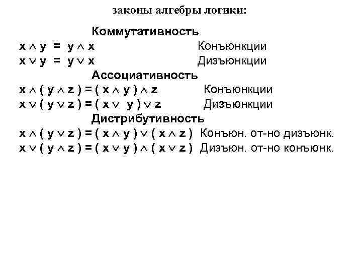 законы алгебры логики: Коммутативность x y = y x Конъюнкции x y = y