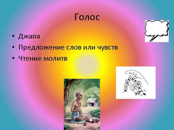 Голос • Джапа • Предложение слов или чувств • Чтение молитв 