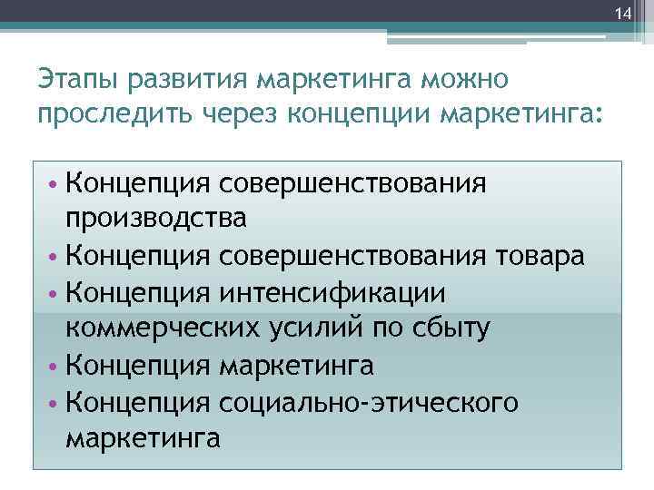 14 Этапы развития маркетинга можно проследить через концепции маркетинга: • Концепция совершенствования производства •