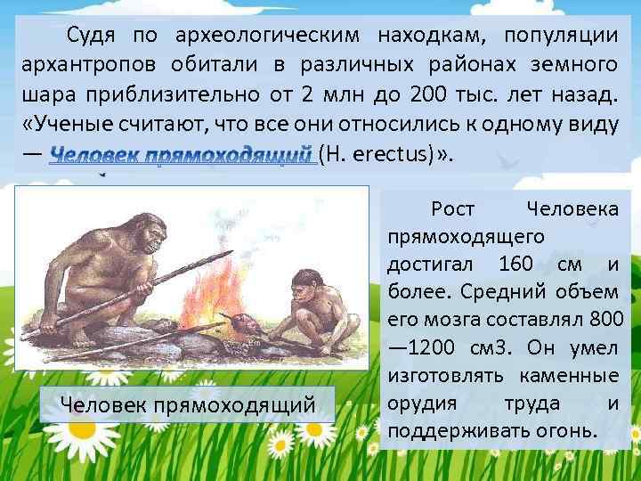 Судя по археологическим находкам, популяции архантропов обитали в различных районах земного шара приблизительно от