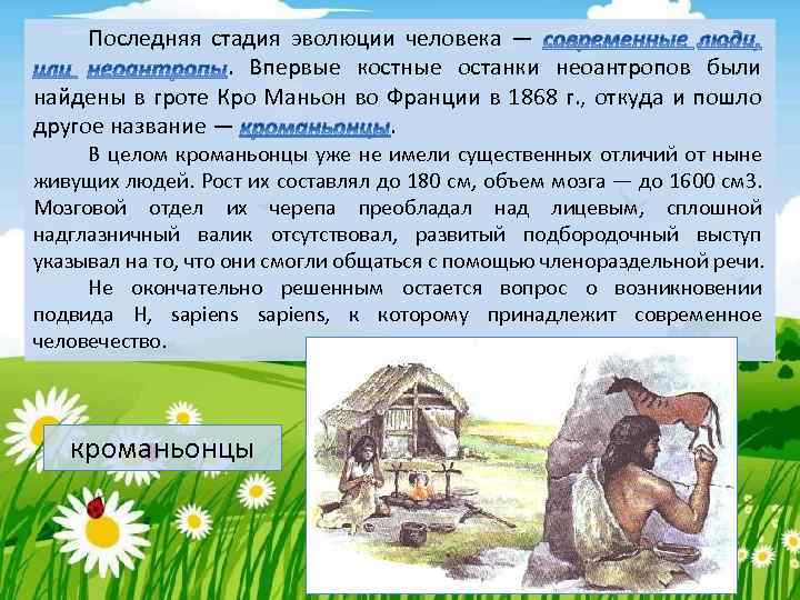 Последняя стадия эволюции человека — . Впервые костные останки неоантропов были найдены в гроте